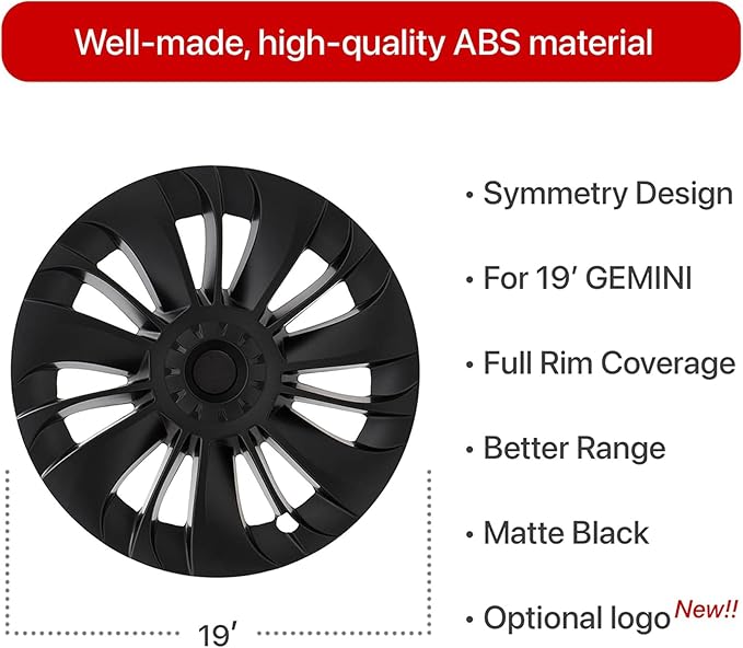 KAVANIC 4PCS Wheel Covers Fits for Model Y 19 inch Multi-Spoke Style, Matte Black ABS Hubcaps Fits for Tesla Y 19" Gemini Wheels 2020-2024, Long Range Support Logo Symmetry Design (RWD/AWD)