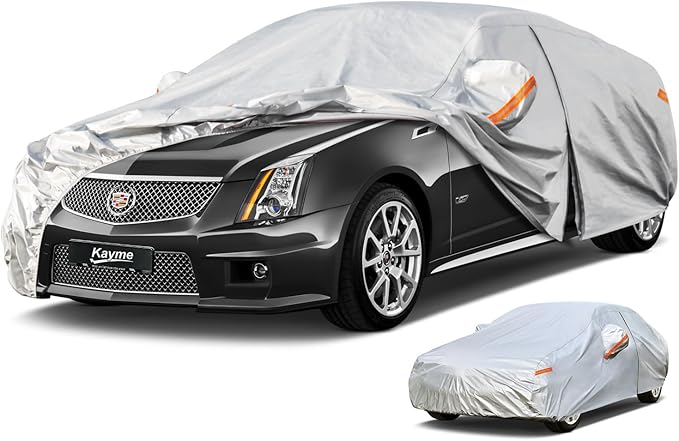 Kayme 6 Layers Car Cover Custom Fit for Cadillac CTS (2003-2014) Waterproof All Weather for Automobiles, Outdoor Full Cover Rain Sun UV Protection.Silver