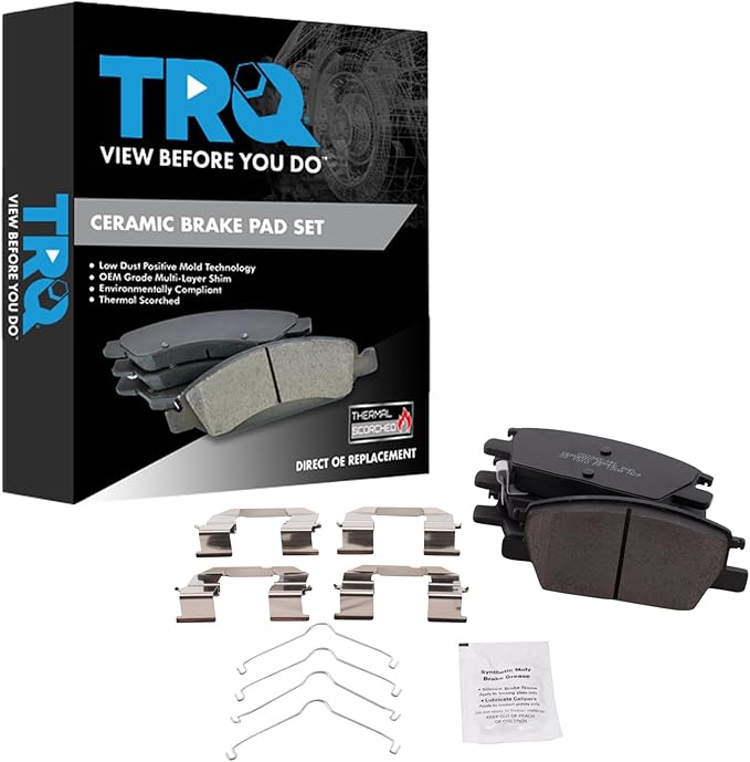 TRQ Front Ceramic Brake Pad Set Includes Hardware Compatible with 20-24 Chevrolet Malibu 21 Equinox with Brake Code J60 22-24 Equinox 21 GMC Terrain with Brake Code J60 22-24 Terrain
