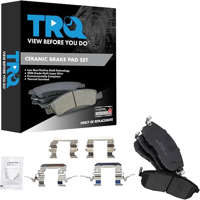 TRQ Front Brake Pads Ceramic Hardware Wear Sensor Compatible with 2000-01 Infiniti I30 2003-05 G35 2000-01 Nissan Maxima 2003-05 350Z 2007-13 Altima 2007-19 Sentra 2009-10 Cube 2011-17 Juke