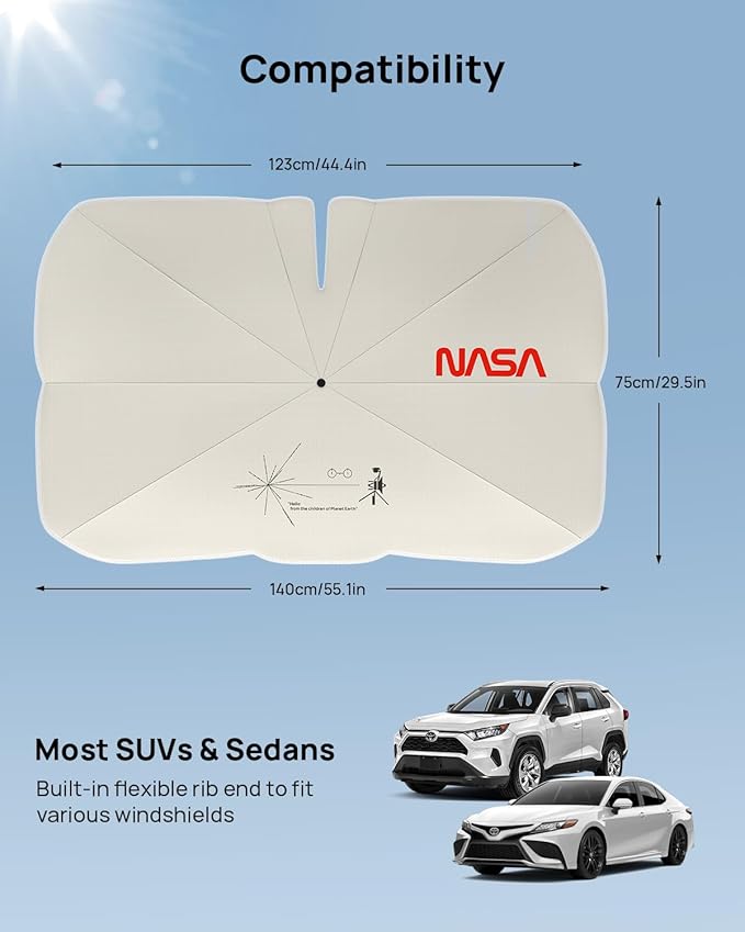 HALOBLK Reinforced Triple-Coated Windshield Sunshade Umbrella of The NASA Voyager-2 Mission Edition Designed for Car