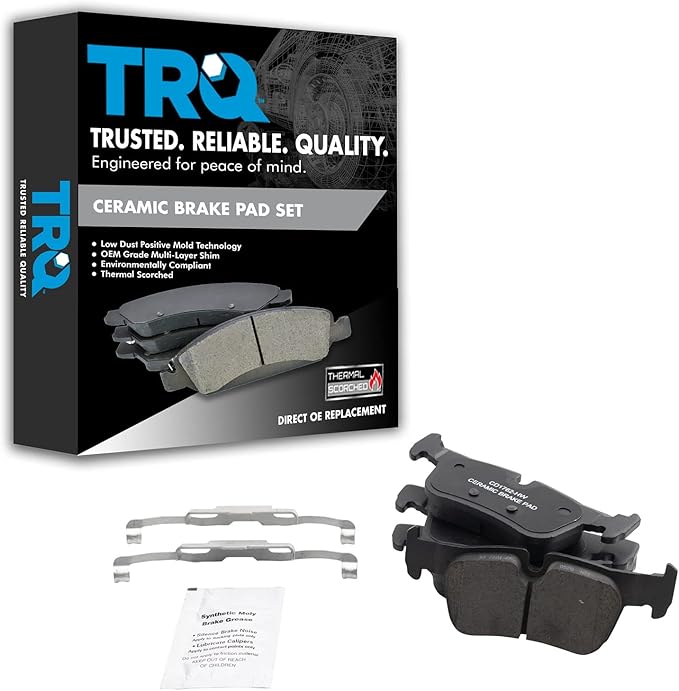 TRQ Rear Ceramic Brake Pad Set Compatible with 14-20 BMW i3 18-20 i3s 16-22 X1 18-22 X2 20-22 228i xDrive Gran Coupe 22 228i Gran Coupe 16-22 Mini Cooper Clubman 17-22 Cooper Countryman 20-22 Cooper