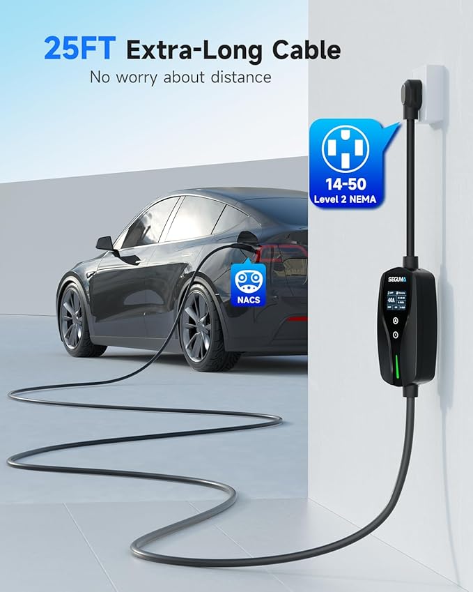 Level 2 EV Charger for Tesla, 40A/9.6kW Ultra-Fast Home Portable EV Charging Station with NEMA 14-50 Plug, 25FT Cable, Adjustable Current &Delay Start Timer, Compatible with Model Y/3/S/X (NACS Port)