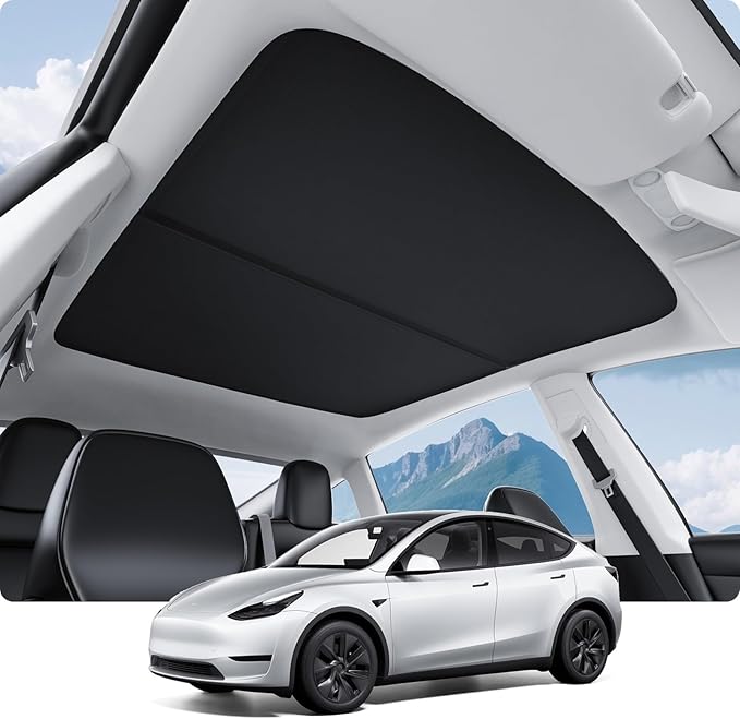BASENOR Upgraded Tesla Model Y Sunshade Roof, [Nano Ice-Crystal Coatings] Heat Insulation Glass Roof Shade, Top Window Retractable Sun Protection, Sunroof Blocking Cover for Model Y 2020-2024 Black