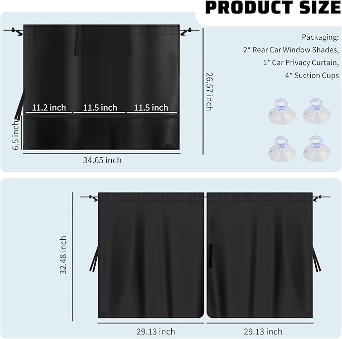 3PCS Upgraded Rear Car Window Shades,2PCS Window Shade for Car & 1PC Cars Privacy Curtain with Storage Pockets,Essential Windows Cars Shades for Sun Shading & Privacy Protection