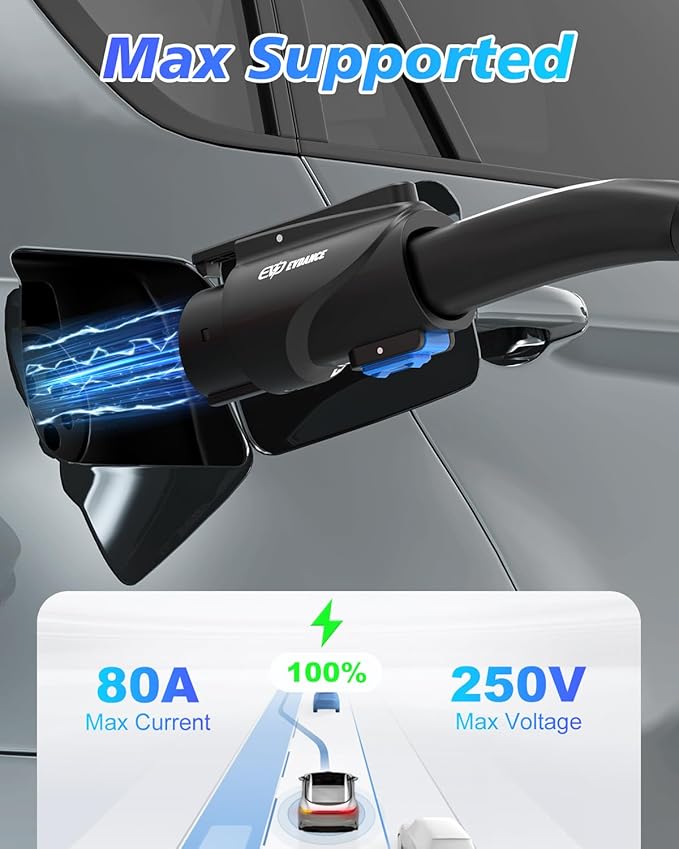 EVDANCE NACS to J1772 Charging Adapter - Max 80 Amp & 250V J1772 EV Adapter Compatible with Tesla High Powered Connectors Destination Chargers and Mobile Connectors (Black)