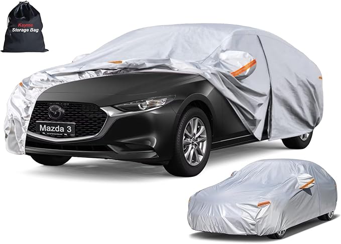 Kayme 6 Layers Sedan Car Cover Custom Fit for Mazda 3 (2003-2025), Waterproof All Weather for Automobiles,Rain Sun UV Protection.Silver