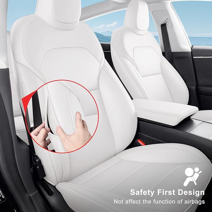 2024-2025 Tesla Model 3 Highland Upgraded Car Seat Covers Nappa Leather Car Interior Airbag Compatible Cushion Cover Full Set Custom Fit Model 3, Organosilicon White