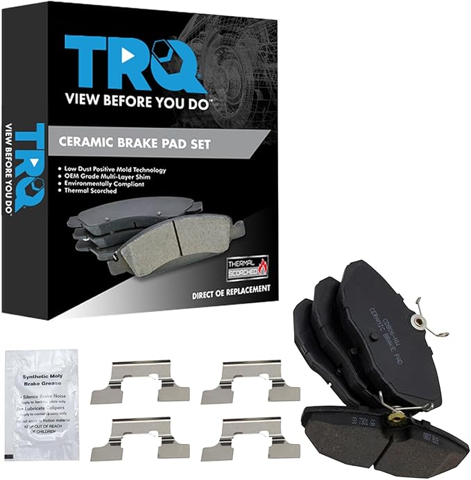TRQ Rear Ceramic Brake Pad Set Includes Contact Point Grease and Hardware Compatible with 00-06 Lincoln LS 00-06 Jaguar S-Type 04-05 XJ8 04 Vanden Plas 02-05 Ford Thunderbird
