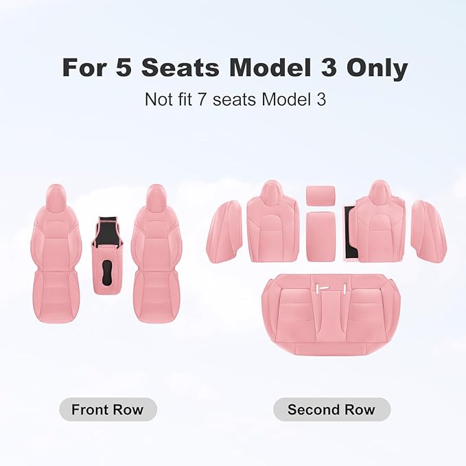 Tesla Model 3 Car Seat Covers Nappa Leather Car Interior Seat Airbag Compatible Cushion Cover Full Set Custom Fit 2023 2022 2021 2020 2019 2018, Nappa Pink