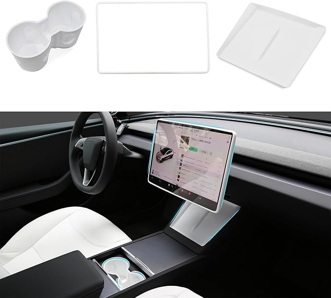 3PCS Center Console Accessories for Tesla New Model Y Juniper 2026 2025 Model 3 Highland 2024 Cup Holder Insert, Screen Edge Protector Frame, Wireless Charger Mat Silicone, White