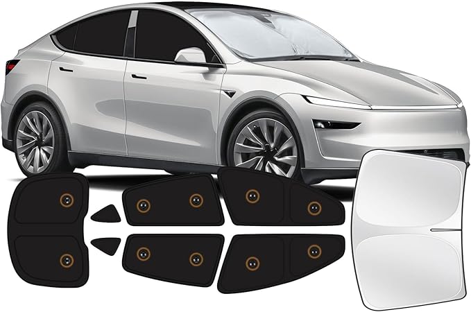 Fit for Tesla Model Y Juniper 2025 2026 Car Window Shades with Suction Cups (No Falling), 8pcs Privacy Sun Shade Set for Front Windshield Side and Rear Windows, Full Window Covers for Camping Napping