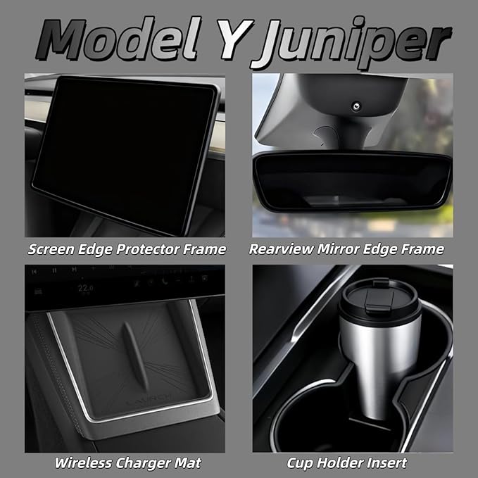 4 PCS Silicone Center Console Accessories Kit for Tesla Model Y Juniper 2025 2026 Center Console Mat,Cup Holder Insert Screen Edge Protector Frame,Mirror Frame Protectors(Black Model Y Juniper)
