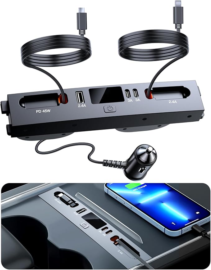Car USB Charger Multi Port for 2024 2025 Tesla Model 3 Highland & New Model Y Juniper 2026,Multifunctional Tesla Accessories Retractable Cable,Tesla USB hub,Gifts for Tesla Owners.
