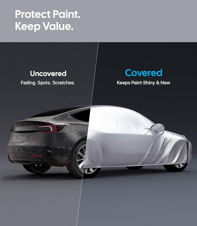 Wigoo Tesla Model 3 Car Cover Accessories (2017–2026), Custom Fit All-Weather Outdoor, Waterproof UV Sun & Heat Protection, Ventilated Design, Windproof, Smooth Paint-Safe Lining, Charging Port Zipper