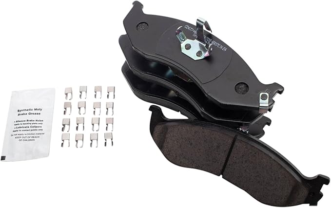 TRQ Front Ceramic Brake Pad Set Includes Hardware and Contact Point Grease Compatible with 90-95 Jeep Wrangler 97-06 Wrangler 90-93 Cherokee 4 Wheel Drive 94-01 Cherokee 93-98 Grand Cherokee