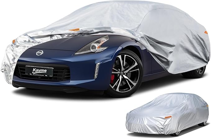 Kayme 6 Layers Car Cover Custom Fit for Nissan 350Z/370Z（2009-2025） Waterproof All Weather for Automobiles, Outdoor Full Cover Rain Sun UV Protection.Silver