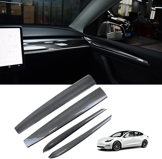 KKTR-CAR Dashboard Cover Wrap and Front Door Inner Armrest Panel Cover Trim Compatible with Tesla Model 3 2021-2023 Model y 2020-2025,NOT for Performance (Glossy Carbon Fiber Pattern, 4pcs)