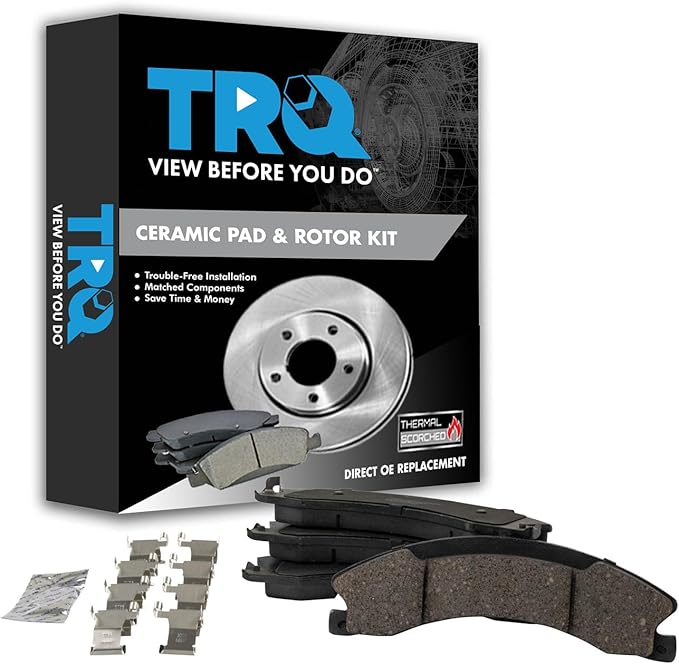 TRQ Front and Rear Ceramic Brake Pad Set Includes Contact Point Grease and Hardware Compatible with 09-20 Chevrolet Express 3500 Van DRW 09-20 GMC Savana 3500 Van DRW 16-19 Chevrolet Suburban 3500 HD