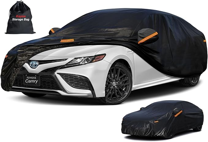 Kayme 7 Layers Car Cover Custom Fit for Toyota Camry Sedan/Solara (1996-2025) Waterproof All Weather for Automobiles, Outdoor Full Cover Rain Sun UV Protection with Zipper Cotton/Black