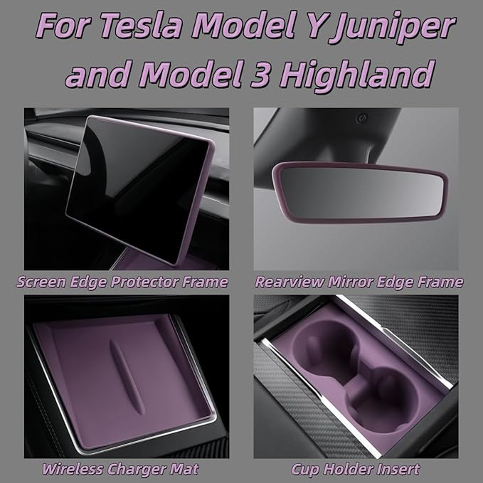 4PCS Silicone Center Console Accessories Kit for Tesla Center Console Mat Cup Holder Insert Screen Edge Protector Frame Mirror Frame Protectors (Purple Model Y Juniper/3 Highland)