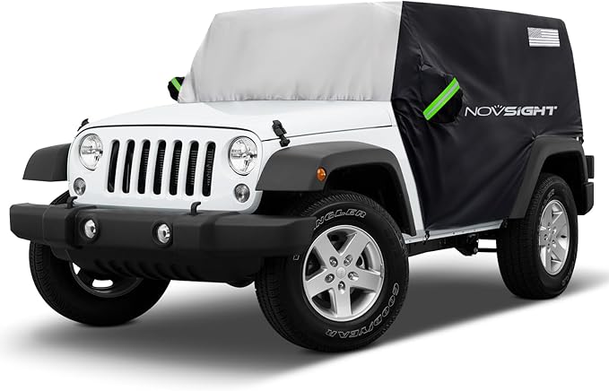 NOVSIGHT Cab Cover for Jeep Wrangler 4 Doors - 2007-2025 CJ, TJ, JK, JL, All Weather Half Car Covers for Wrangler 4 Door with 3 Straps Anti-UV Windproof Rain-Proof Auto Cover with Storage Bag