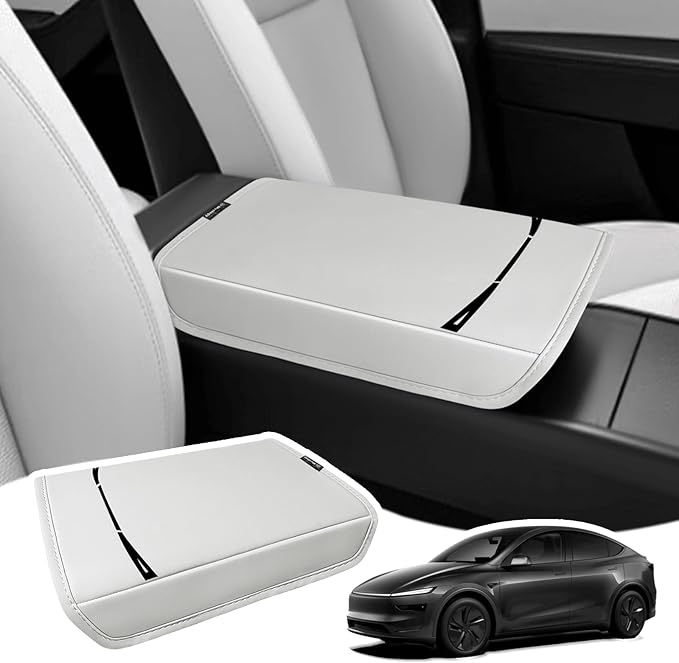Muslogy Center Console Armrest Cover Fit for Tesla Model Y Refresh 2026 Accessories, Comfort Armrest Pad Console Lid Cushion Vegan Leather Regular Thick (Cream)