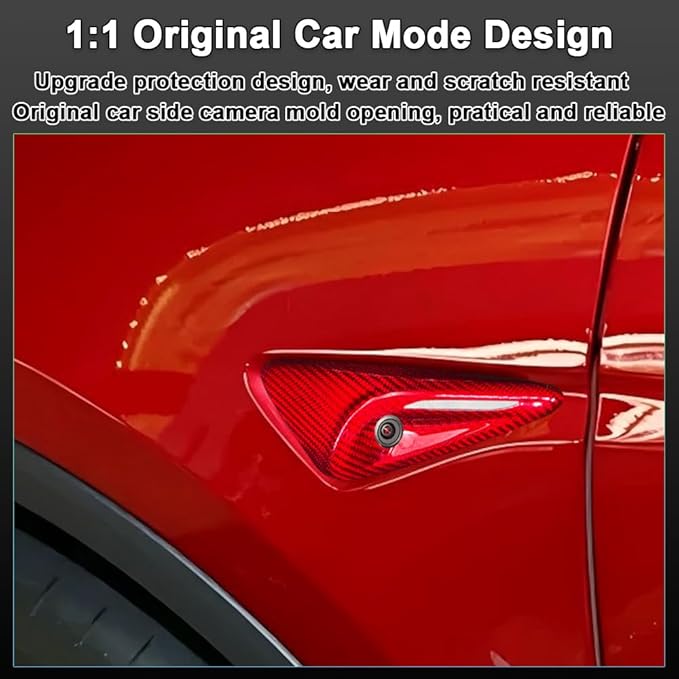 Carbar Dry Carbon Fiber Tesla Side Camera Cover for Model 3 Highland 2024 & Model Y Juniper 2025 - HW4.0 Compatible 3D Texture Accessories 360° Full Cover Protection