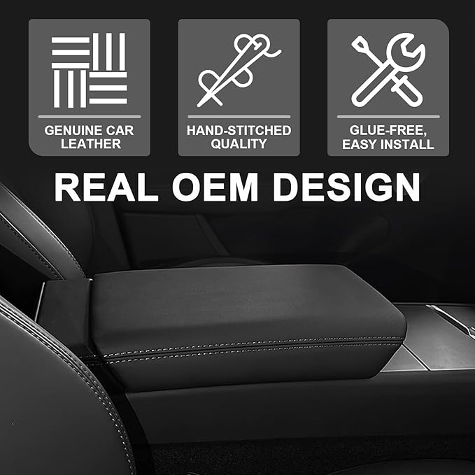 Muslogy Center Console Armrest Cover Fit for Tesla Model Y Juniper 2026+ / Model 3 Highland 2024+ Accessories, Comfort Armrest Pad Console Lid Cushion Vegan Leather Snap-On Black (Hard Cover)