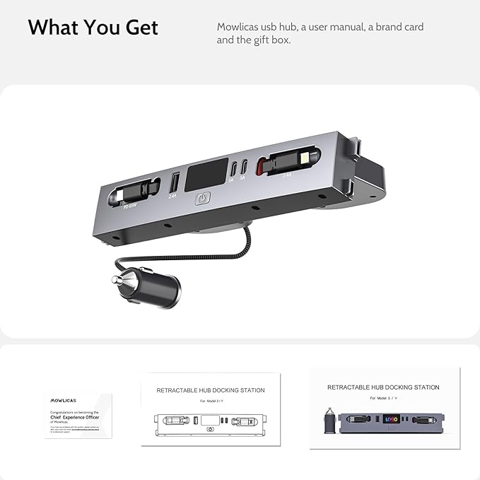 125W Max Retractable USB Hub, Tesla New Model 3 Highland (2025/2024) Accessories, Super Fast Charger Up 65W for MacBook Pro/Air/iPhone 16/15/Samsung Series, 5 in 1 Docking Station