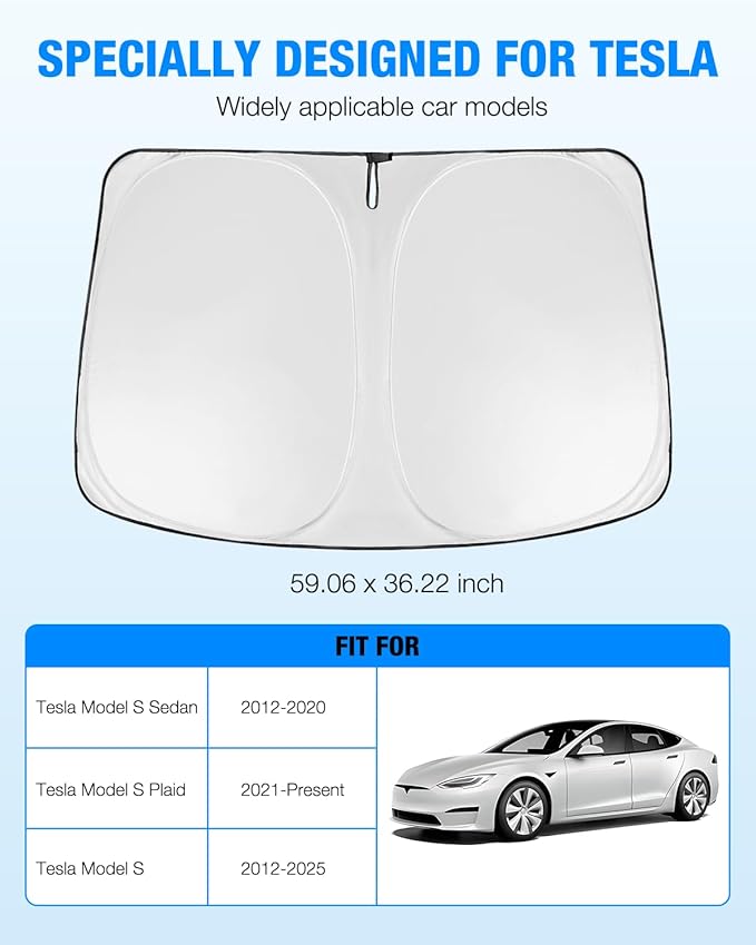 Neverland Windshield Sun Shade Visor - Custom Fit for Tesla Model S 2012-2025, Sag-Free 210D Oxford Heat Shield, Foldable & Block UV