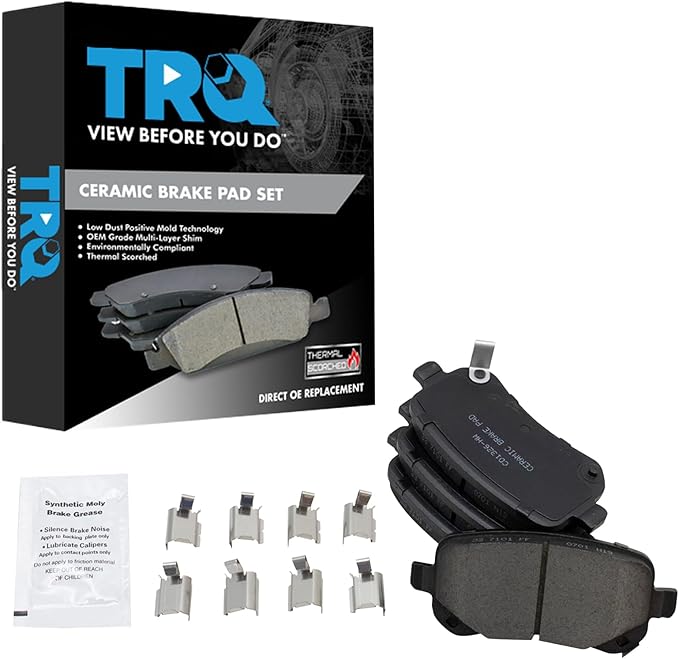 TRQ Rear Brake Pads Ceramic Hardware Wear Sensor Compatible with 2008-2011 Chrysler Town Country 2008-2011 Dodge Grand Caravan 2009-2012 Journey 2009-2012 Volkswagen Routan