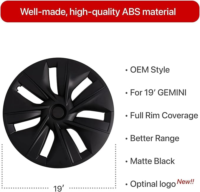 KAVANIC 4Pcs Wheel Covers fits for Tesla Model Y 19Inch 2020-2024 Matte Black Rim Protector Support Logo Range Improvement OEM Style for Model Y Hubcaps for 19" Gemini Wheels (RWD/AWD)
