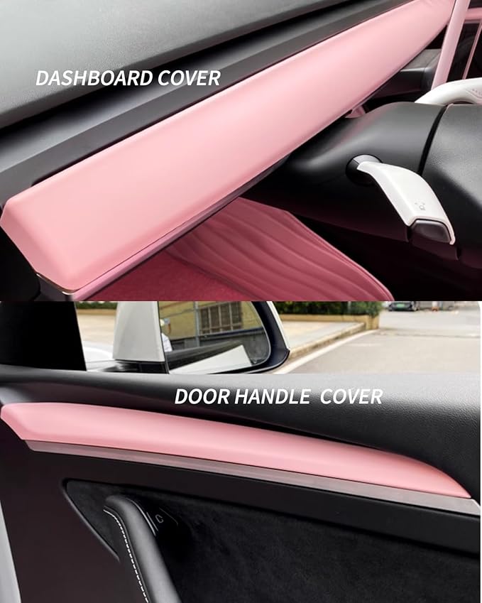 Pink Dashboard Cover and Front Door Cover Compatible with Tesla Model 3（2021-2023） and Model y（2019-2024 (Pink)