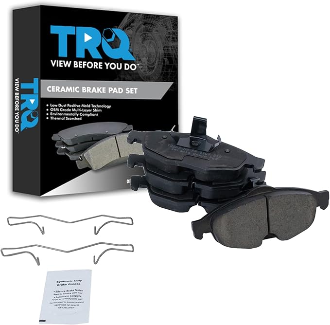 TRQ Front Brake Pads Ceramic Hardware Wear Sensor Compatible with 2001-2006 Chrysler Sebring 2001-2006 Dodge Stratus