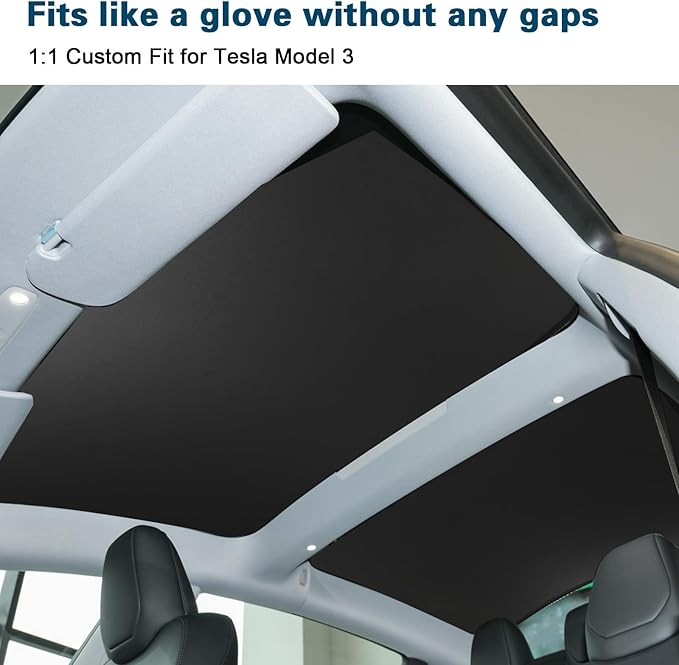 ROCCS Sunshade Roof for Tesla Model 3 2023-2021, Colorful Ice Crystal Glass Roof Sunshade, No-Sag Design, Retractable, Heat Insulation, Snap Foldable (Black)