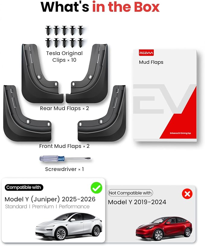REEVAA 2026 Tesla New Model Y Juniper Accessories - Mud Flaps [Protect Paint, No Drilling Required] All-Weather Splash Guard Body Kits for Model Y Juniper 2025-2026, Black (Set of 4)