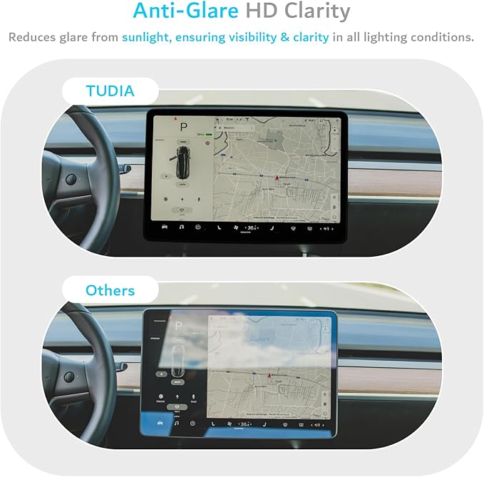 TUDIA 2-in-1 Snap-On Tempered Glass Screen Protector Case for Tesla Model 3 (2017–2023) & Model Y (2020–2024) – 15" Touchscreen Anti-Glare Scratch-Resistant Cover (Black)