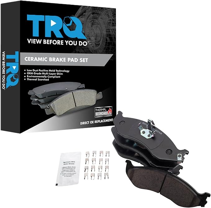 TRQ Front Ceramic Brake Pad Set Includes Hardware and Contact Point Grease Compatible with 90-95 Jeep Wrangler 97-06 Wrangler 90-93 Cherokee 4 Wheel Drive 94-01 Cherokee 93-98 Grand Cherokee