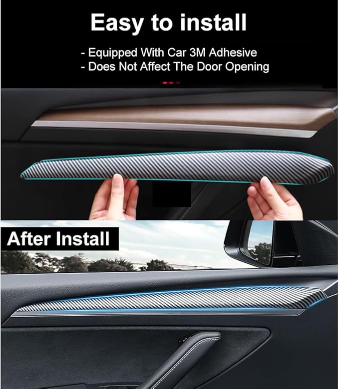 Dashboard Cover Wrap and Front Door Trim Kit -Compatible with Tesla Model Y 2019-2024 & Model 3 2021-2023, Interior Decoration Accessories,Not for Performance (Gloss Carbon Fiber Pattern, 4PCS)