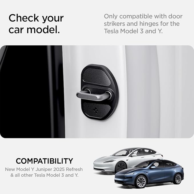 Spigen Door Striker and Hinge Door Lock Cover Protector for All Tesla Model Y (2020-2026) and Model 3 (2017-2026) [For Model Y Juniper and Model 3 Highland (Standard, Premium & Performance) - Set of 4