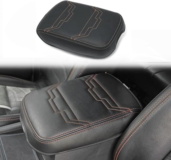 Muslogy Center Console Armrest Cover Fit for Nissan Frontier 2022-2025 2026 Accessories, Comfort Armrest Pad Console Lid Cushion Protector Vegan Leather Regular Thick (V2 Orange Trim)