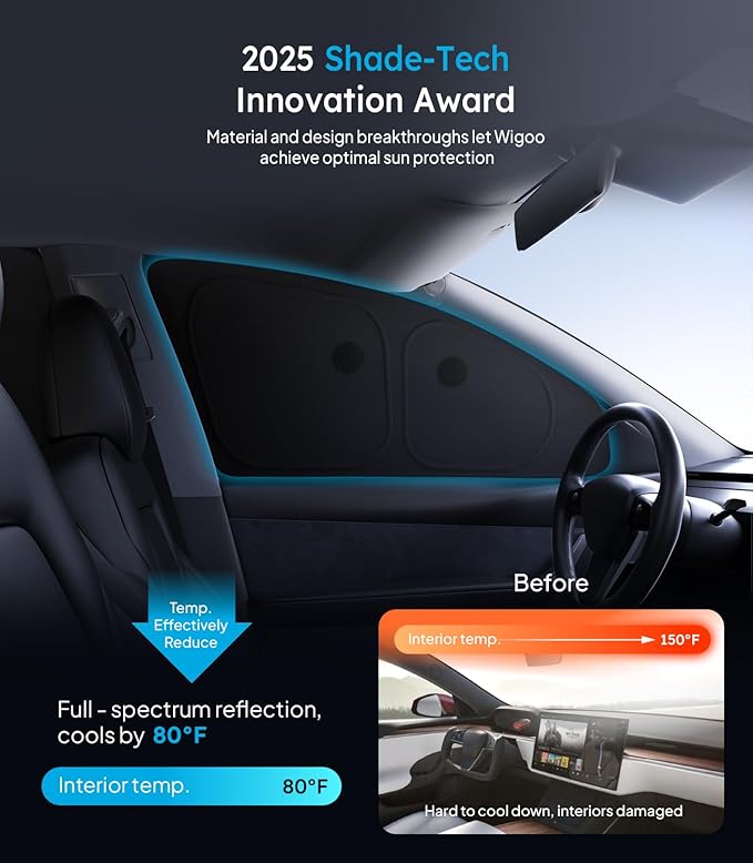 Wigoo 2026 Upgrade Tesla Model Y Side Window Sunshade [Ice-Crystal Cool, Suction No-Fall] Sun Block for Baby & Camping & Privacy Napping, 7PCS No Front Windshield for Model Y 2020-2024 Exclude Juniper