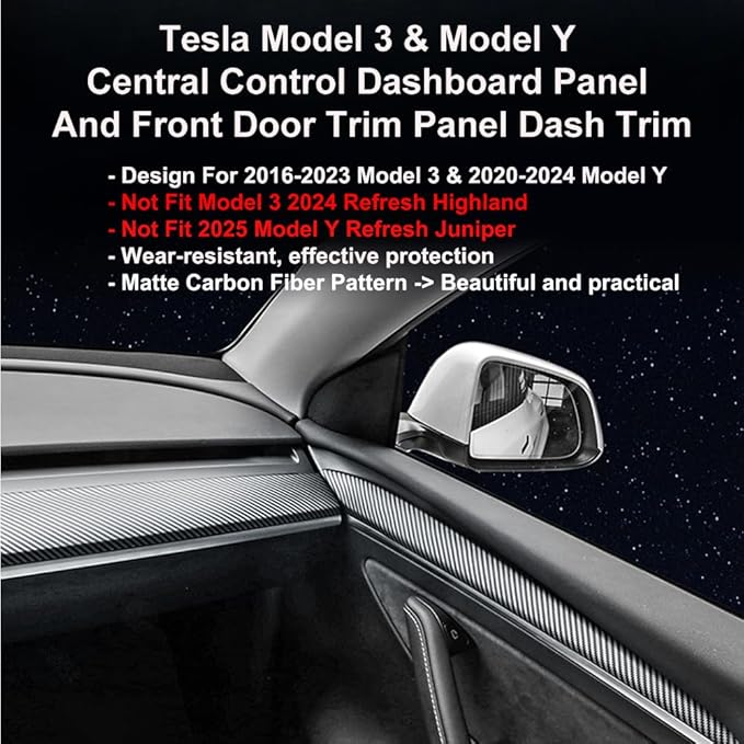 Dashboard Cover Wrap and Front Door Trim Kit -Compatible with Tesla Model Y 2019-2024 & Model 3 2021-2023, Interior Decoration Accessories,Not for Performance (Matte Carbon Fiber Pattern, 4PCS)