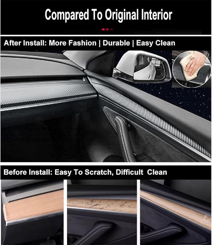Dashboard Cover Wrap and Front Door Trim Kit -Compatible with Tesla Model Y 2019-2024 & Model 3 2021-2023, Interior Decoration Accessories,Not for Performance (Matte Carbon Fiber Pattern, 4PCS)