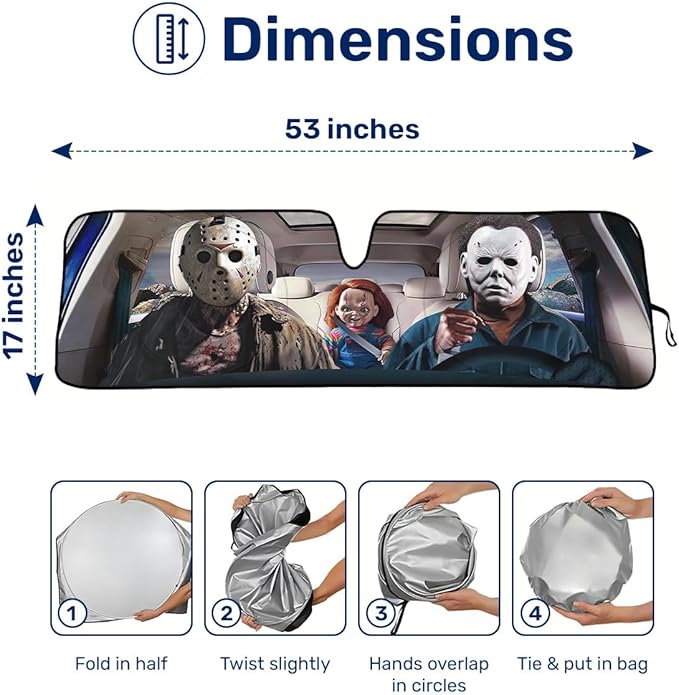 Horror Movie Character Windshield Sun Shade for Car SUV Truck (53x17 Inches), Automobile Sunshade, Protector Blocks UV, Christmas Car Decor