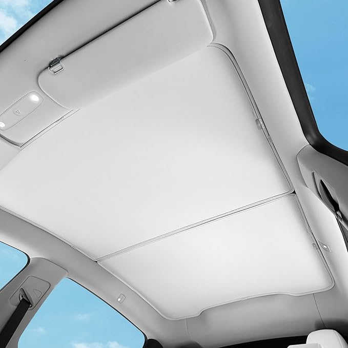 TOPABYTE Sunshade Roof for Tesla Model Y Juniper 2026 2025 Upgrade Ice Crystal Foldable Car Glass Sunroof Shade Sunshades Heat Insulation Cover Roof Window UV Protection, Beige