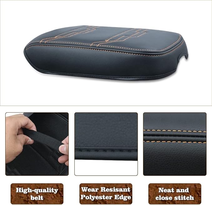 Muslogy Center Console Armrest Cover Fit for Nissan Frontier 2022-2025 2026 Accessories, Comfort Armrest Pad Console Lid Cushion Protector Vegan Leather Regular Thick (V2 Orange Trim)