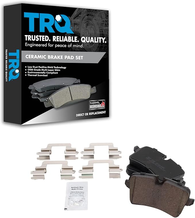 TRQ Rear Brake Pads Ceramic Hardware Wear Sensor Compatible with 2012-2018 Audi A6 A6 Quattro A7 Quattro 2011-2018 A8 Quattro 2013-2015 RS5 2014-2018 RS7 2013-2018 S6 S7 S8 2015-2017 Porsche Macan