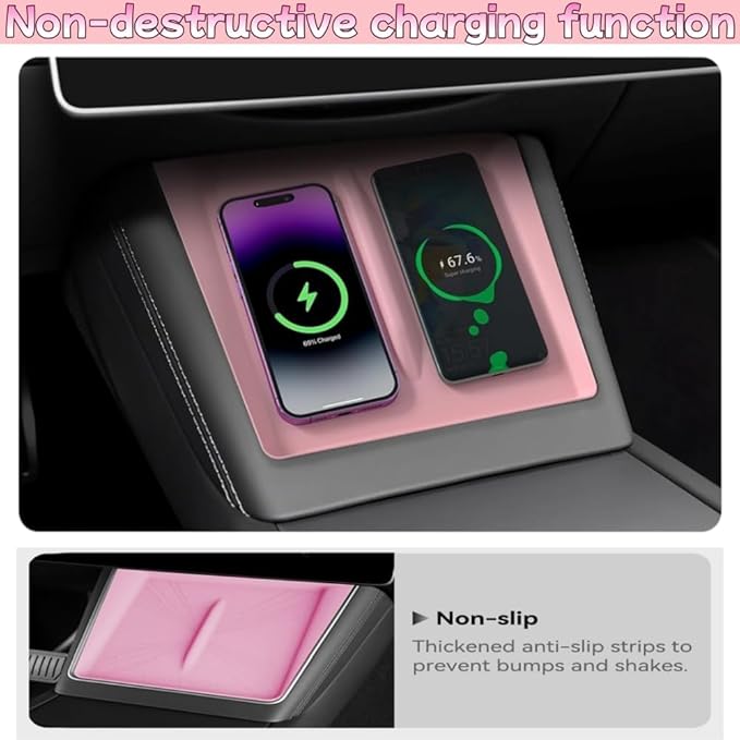 4 PCS Silicone Center Console Accessories Kit for Tesla, Including Center Console Mat, Cup Holder Insert, Screen Edge Protector Frame, and Mirror Frame Protectors (Pink Model 3 Highland)